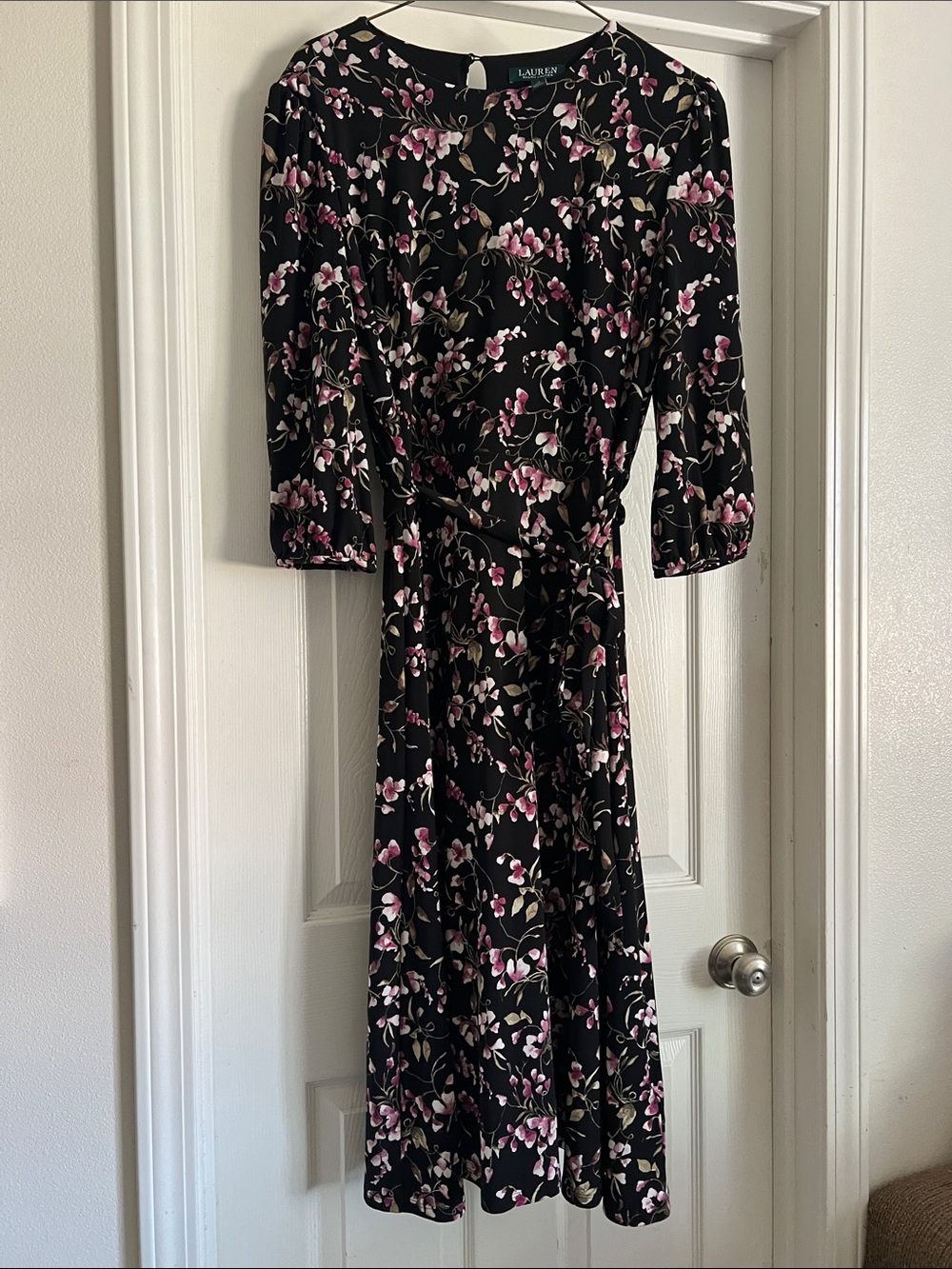 Lauren Ralph Lauren Black Midi Dress with Pink Floral Vines